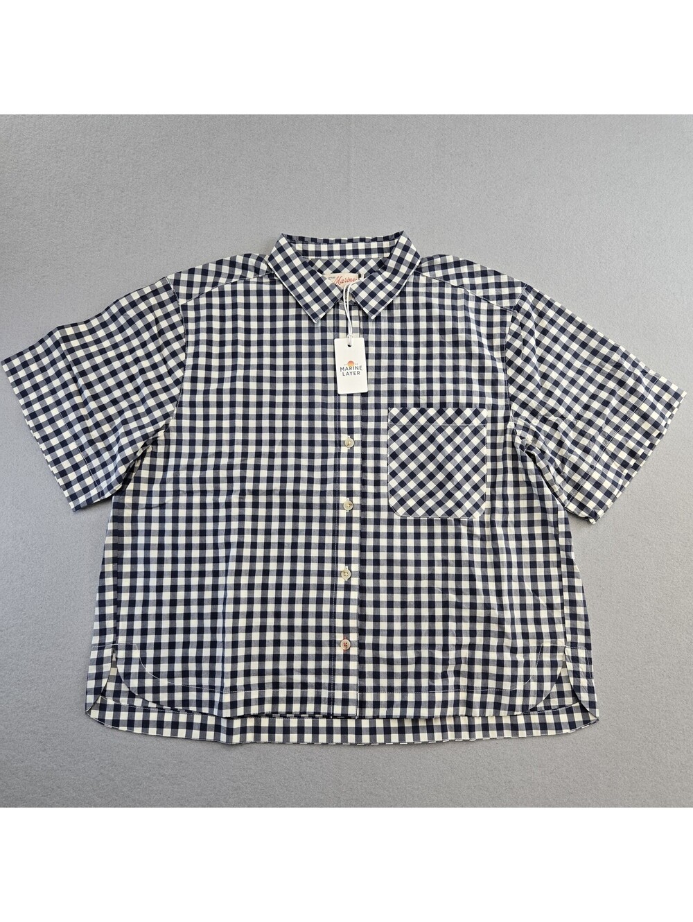 Marine Layer Gingham Button Up Shirt Womens M Navy White Pima Cotton Relaxed NWT